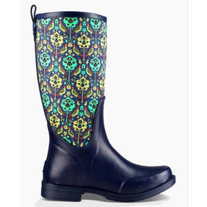 Women's UGG Blue ReignFall Liberty Rain Boots with Green and Yellow Pattern